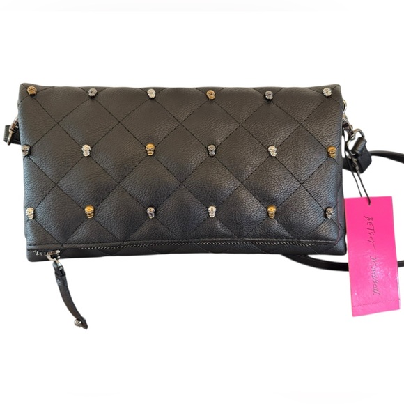 BETSEY JOHNSON Black Quilted Skull Clutch with Detachable Crossbody Strap NWT - Picture 1 of 15